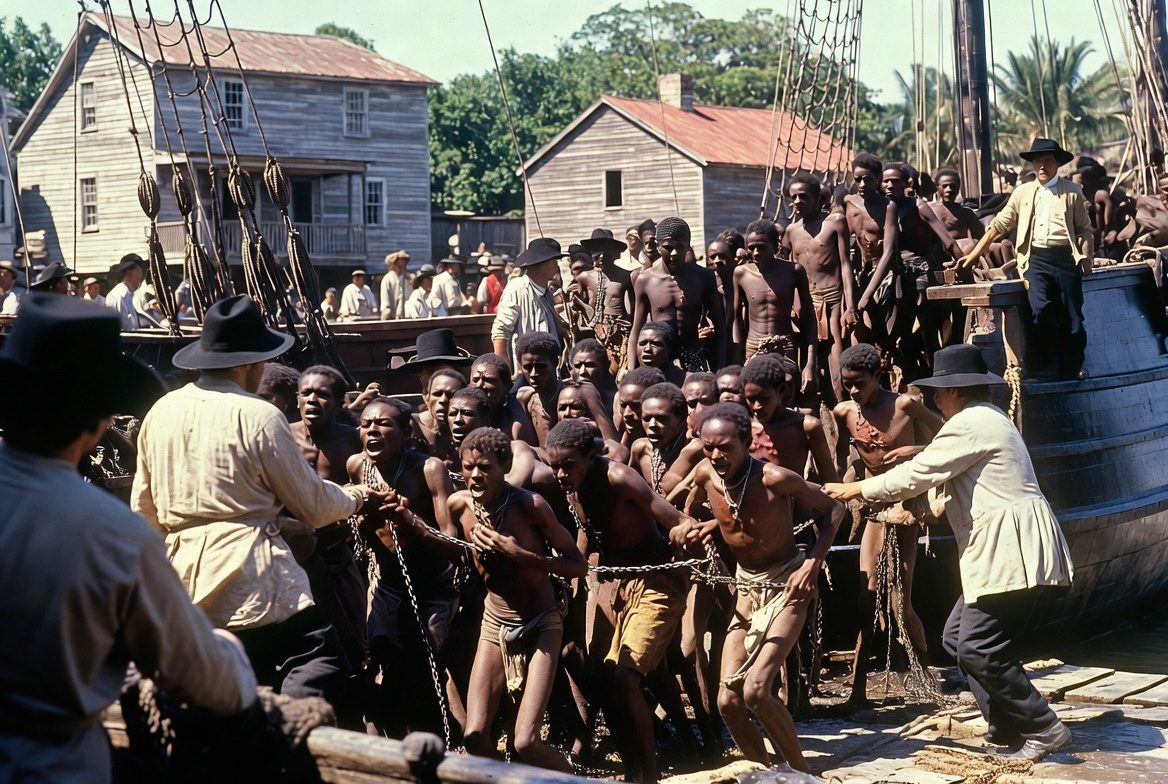Enslaved Africans being unloaded from a slave ship at a colonial port, chained captives herded onto the docks by European traders as onlookers gather.