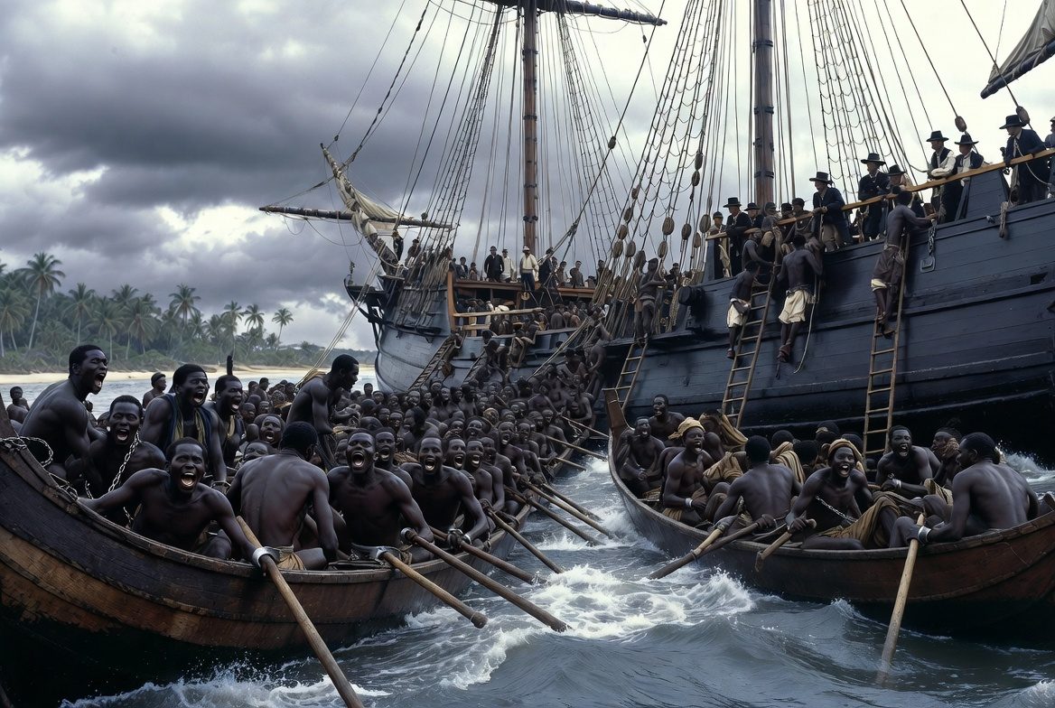 Enslaved Africans being forced into longboats and loaded onto a European slave ship anchored off the West African coast, the beginning of the Middle Passage across the Atlantic.