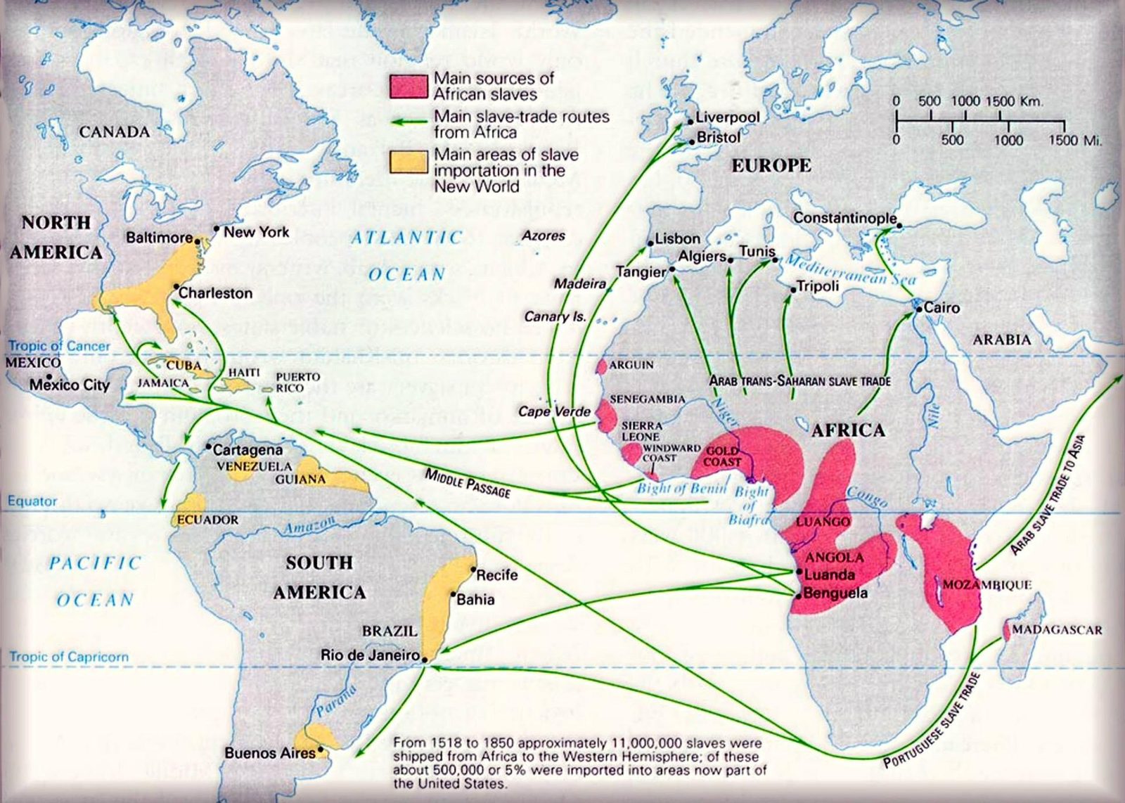 Map showing main slave-trade routes from Africa with source regions highlighted in pink and destination ports labeled