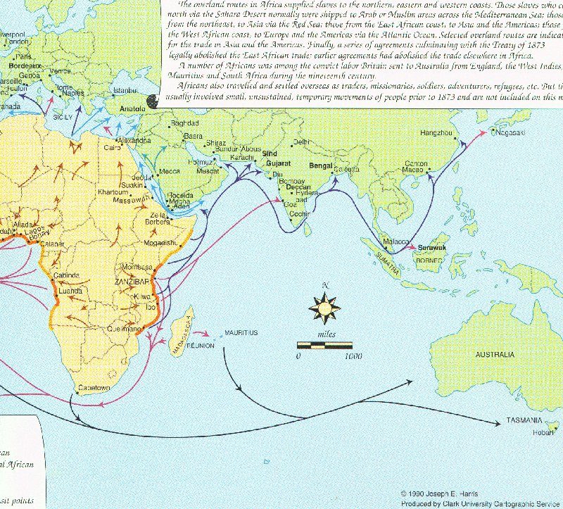 The African Diaspora Map showing eastward forced migration routes to Asia and Australasia