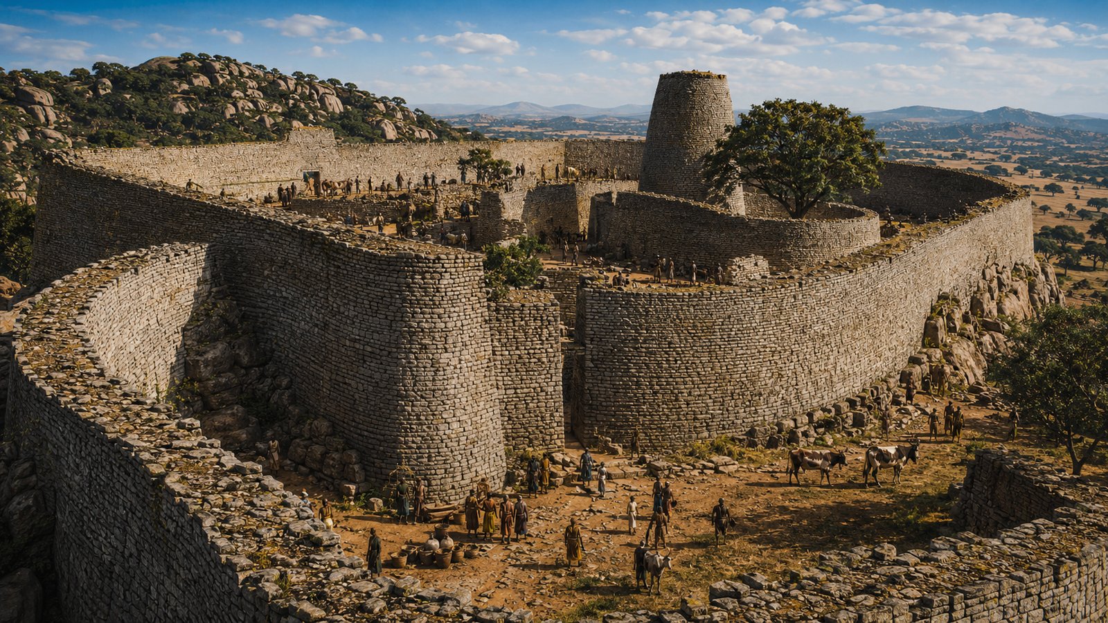 The mortarless granite walls and conical tower of Great Zimbabwe on the southern African plateau, with residents and cattle in the foreground.