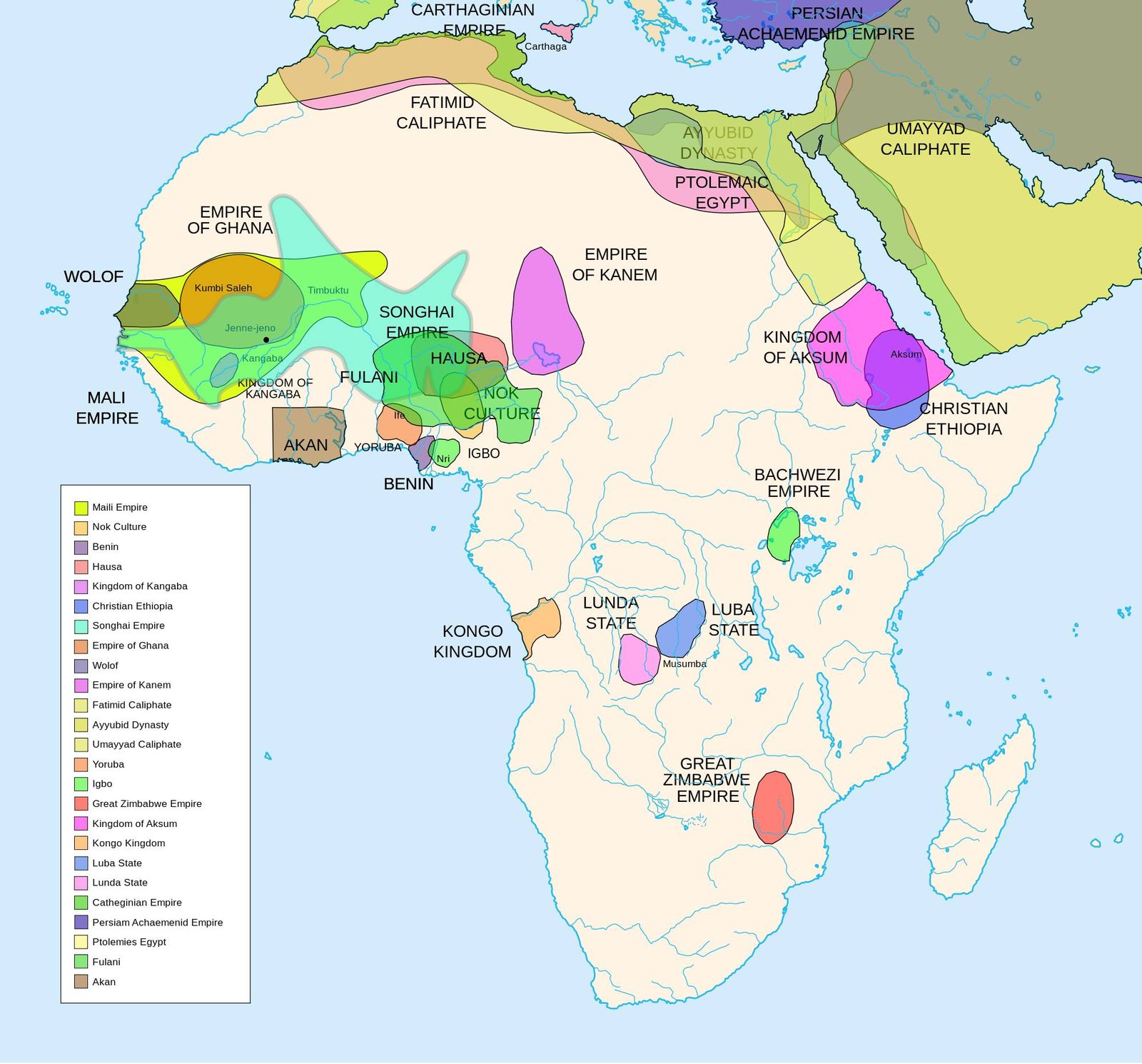 Map of pre-colonial African empires and kingdoms including Mali, Songhai, Ghana, Hausa, Yoruba, Kongo, and other kingdoms
