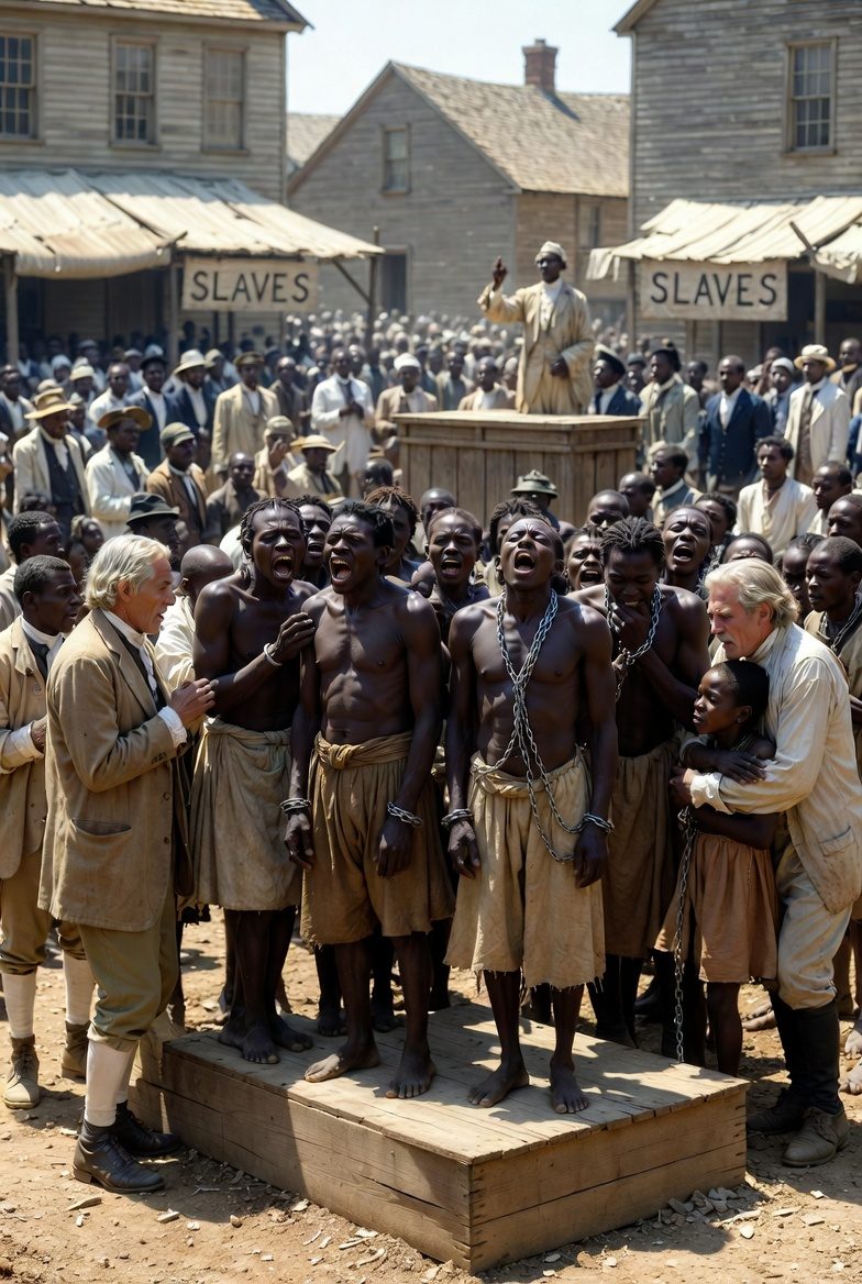 Enslaved Africans standing on an auction block in chains while white slaveholders inspect and bid on them at a public slave market.
