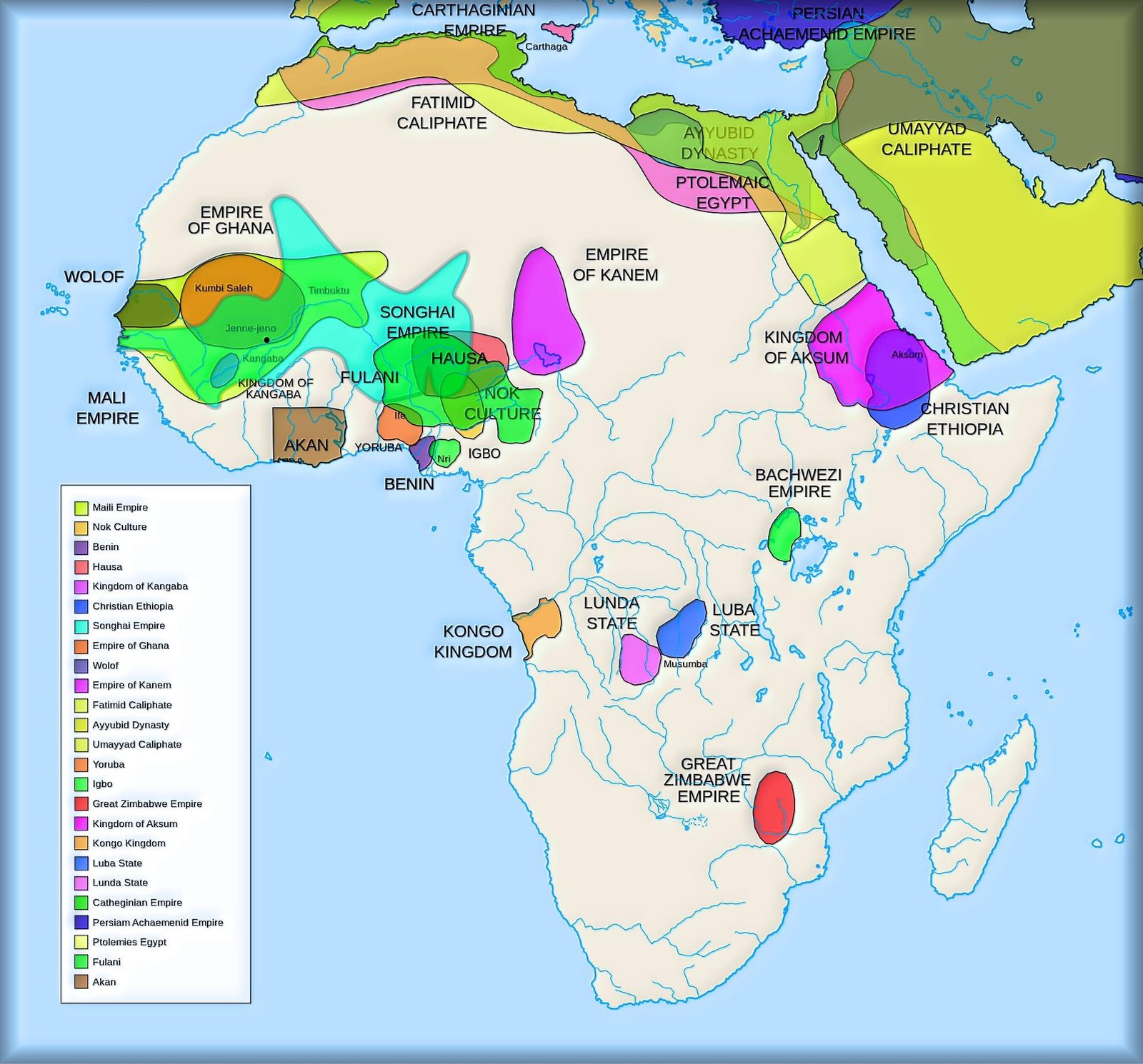Detailed map of African empires and civilizations showing territorial extent of Mali, Songhai, Ghana, Hausa, Yoruba, Kongo, and other kingdoms
