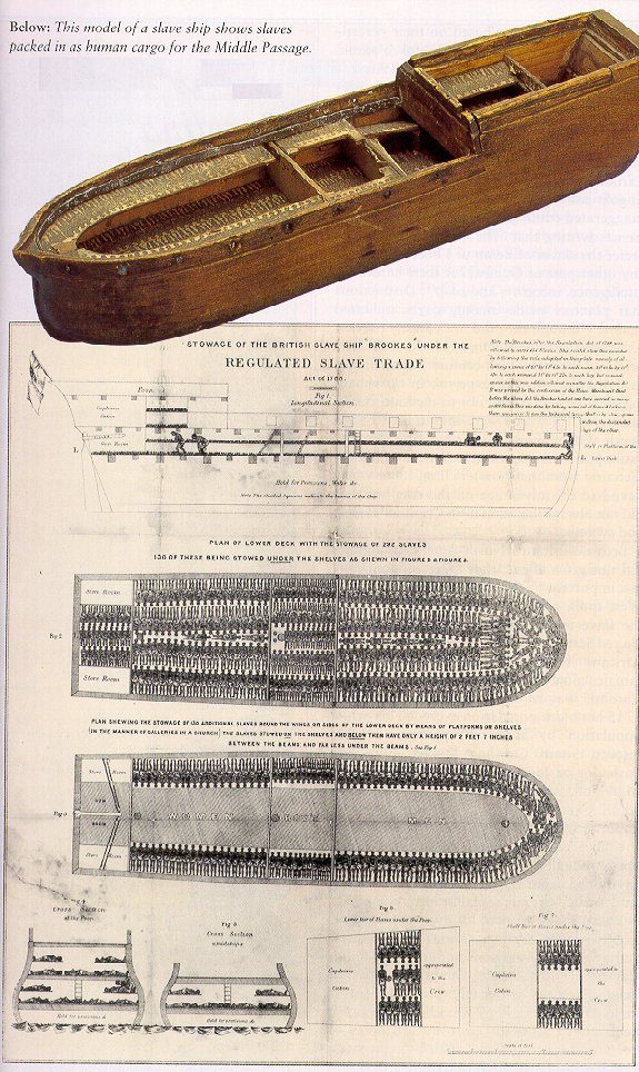 Model of a slave ship alongside the Brookes diagram, showing how enslaved Africans were packed as human cargo for the Middle Passage