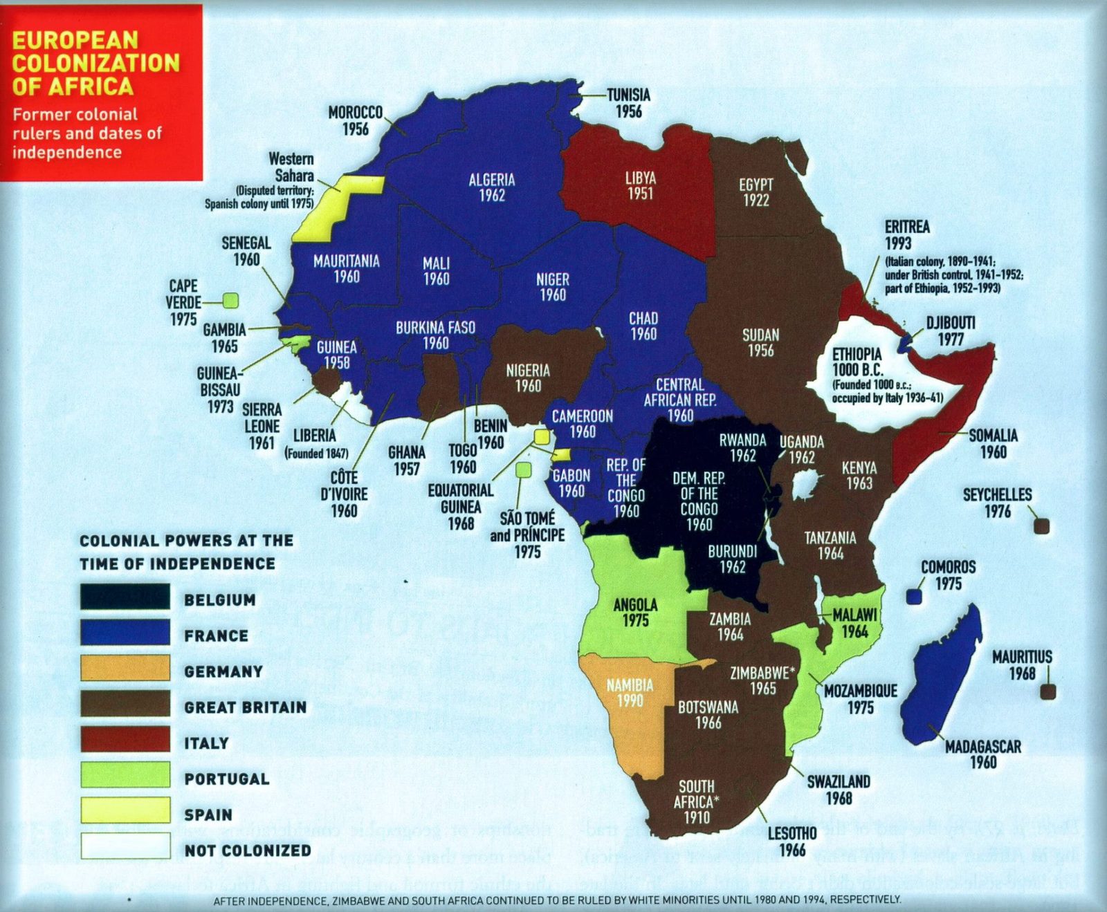 Map of European colonization of Africa showing former colonial rulers by color and dates of independence for each nation