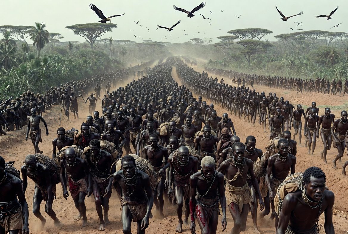 Vast columns of chained Africans stretching to the horizon on a dusty road, with vultures circling overhead, depicting the massive scale of the forced march to the coast during the transatlantic slave trade.