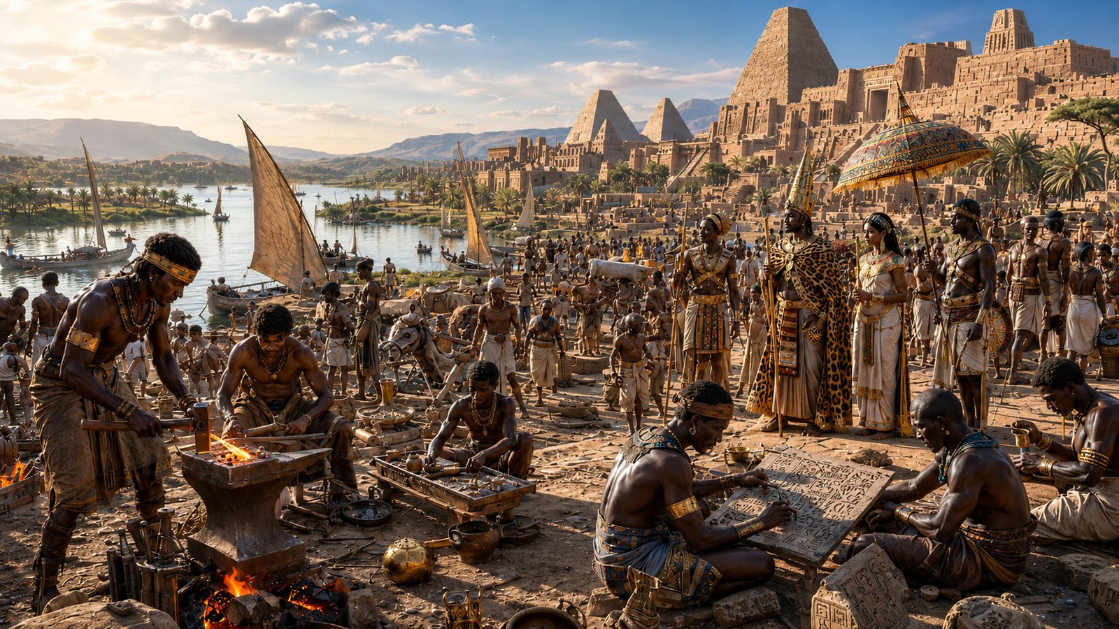 Kushite ironworkers, scribes, royalty, and Nile traders before the pyramids and palaces of Nubia.