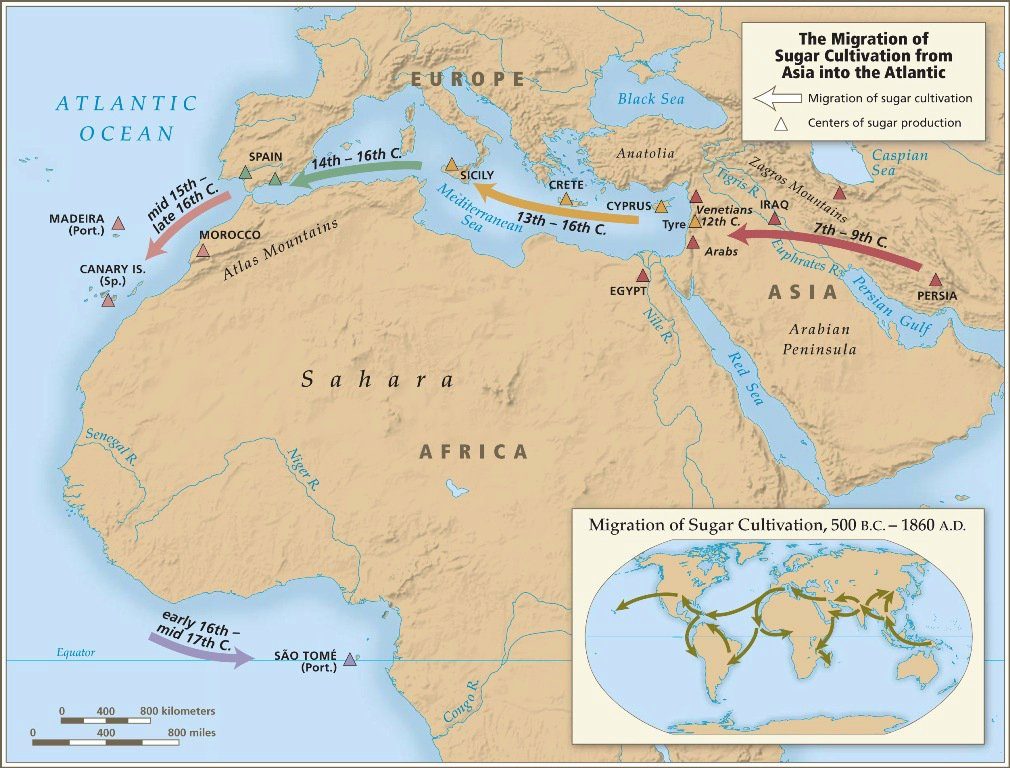 Migration of sugar cultivation from Asia into the Atlantic, 500 BC to 1860 AD, showing how sugar drove the demand for enslaved labor