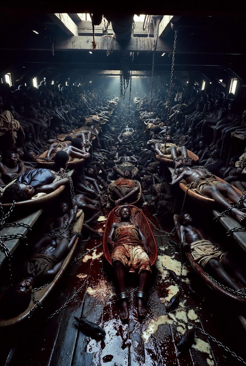 Interior of a slave ship during the Middle Passage, hundreds of enslaved Africans chained in rows below deck in horrific, overcrowded conditions.