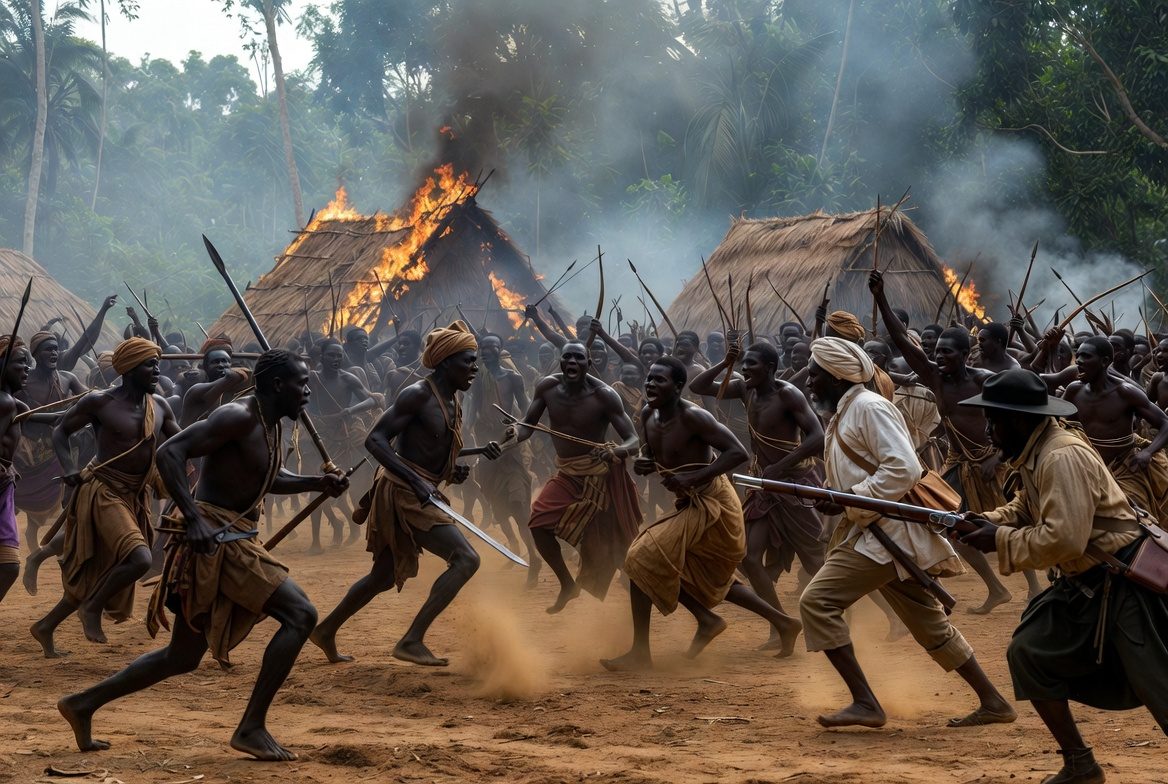 Depiction of a West African village raid by slave raiders, showing armed attackers storming a village with burning huts, documenting how millions of Africans were captured and forced into the transatlantic slave trade.