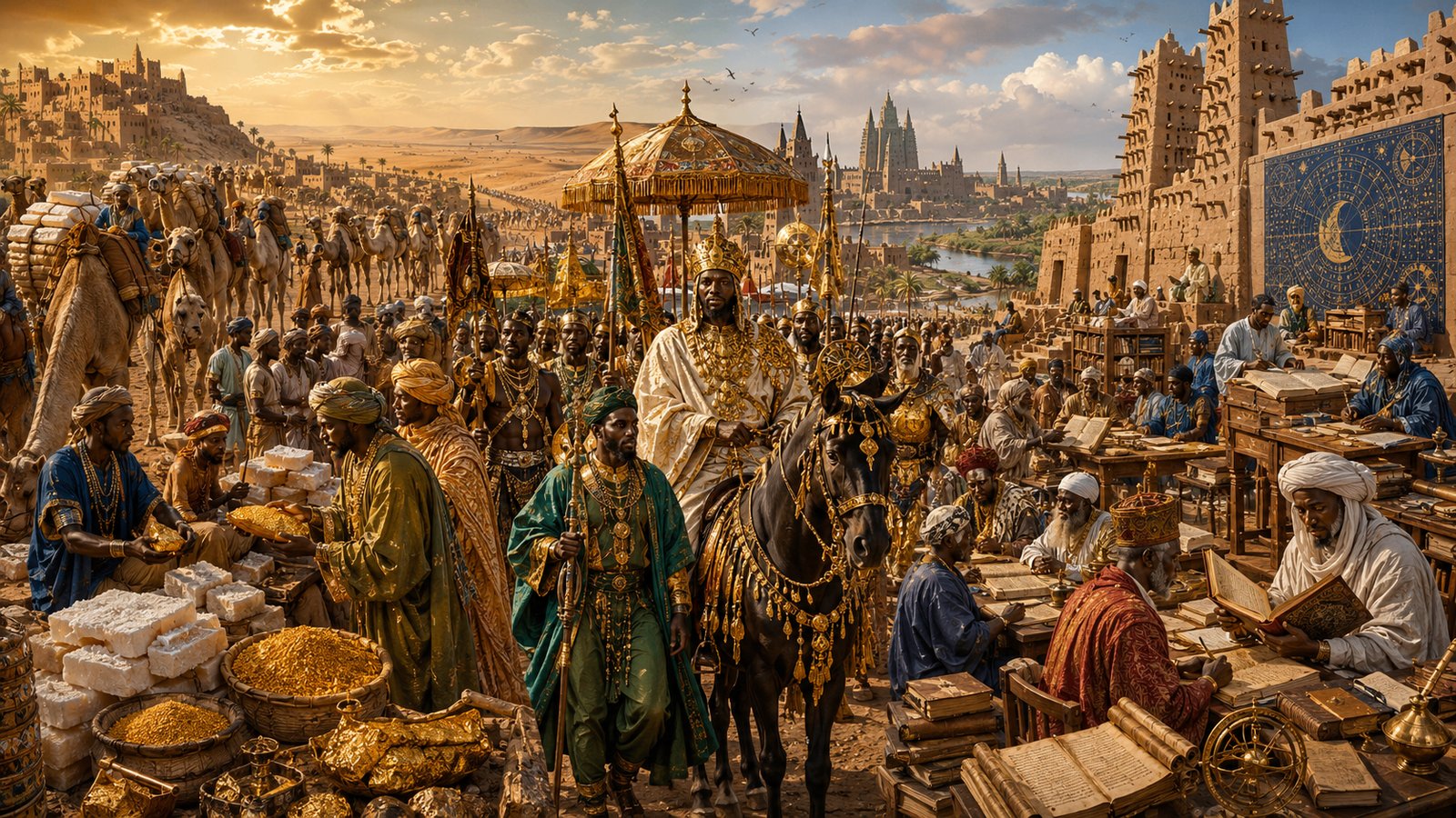 Mansa Musa and his court amid trans-Saharan caravans, gold and salt traders, and Timbuktu scholars studying astronomical manuscripts.