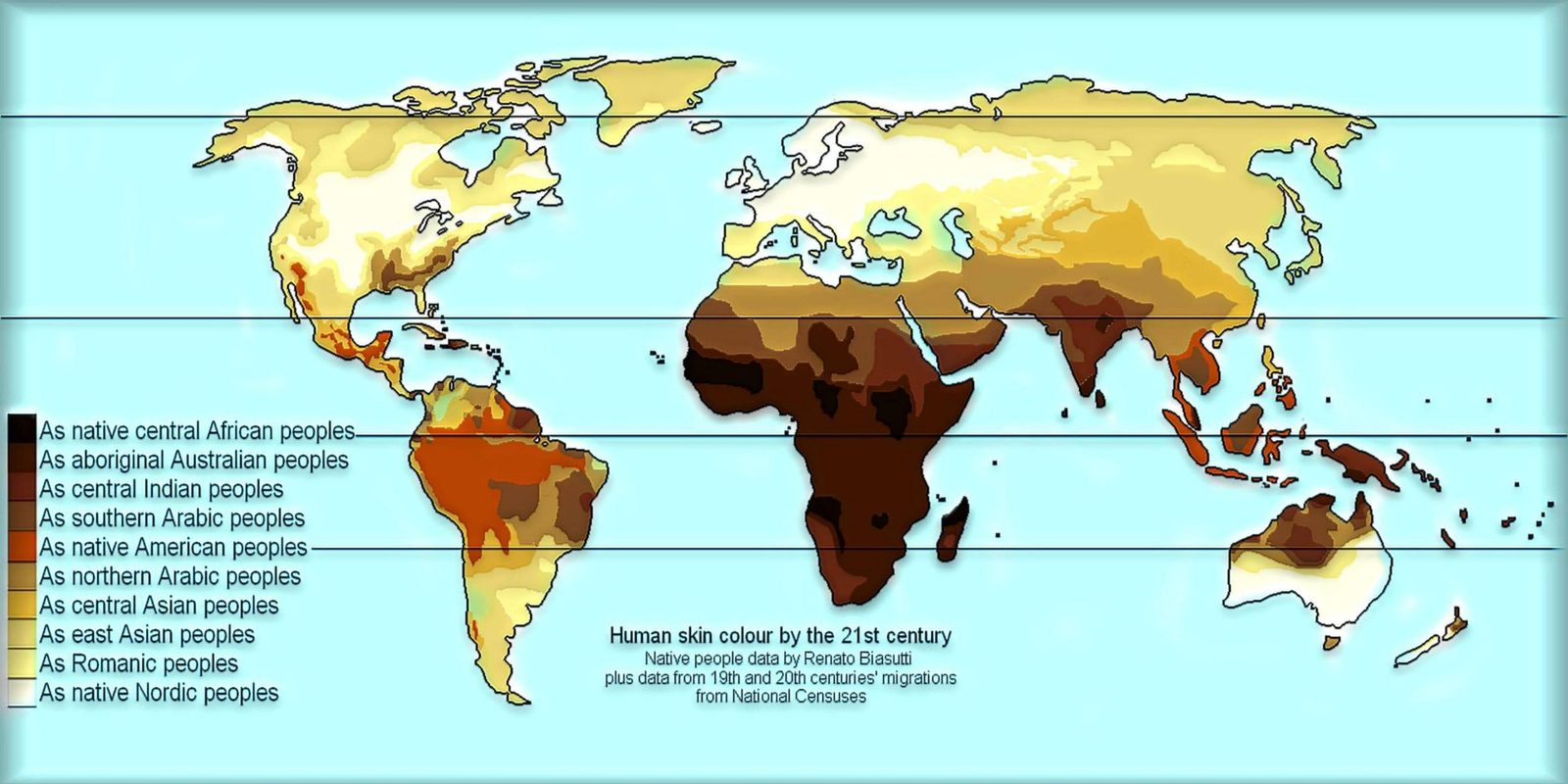 World map showing human skin colour distribution by the 21st century, demonstrating how skin pigmentation varies as a minor adaptation to environment and UV exposure.