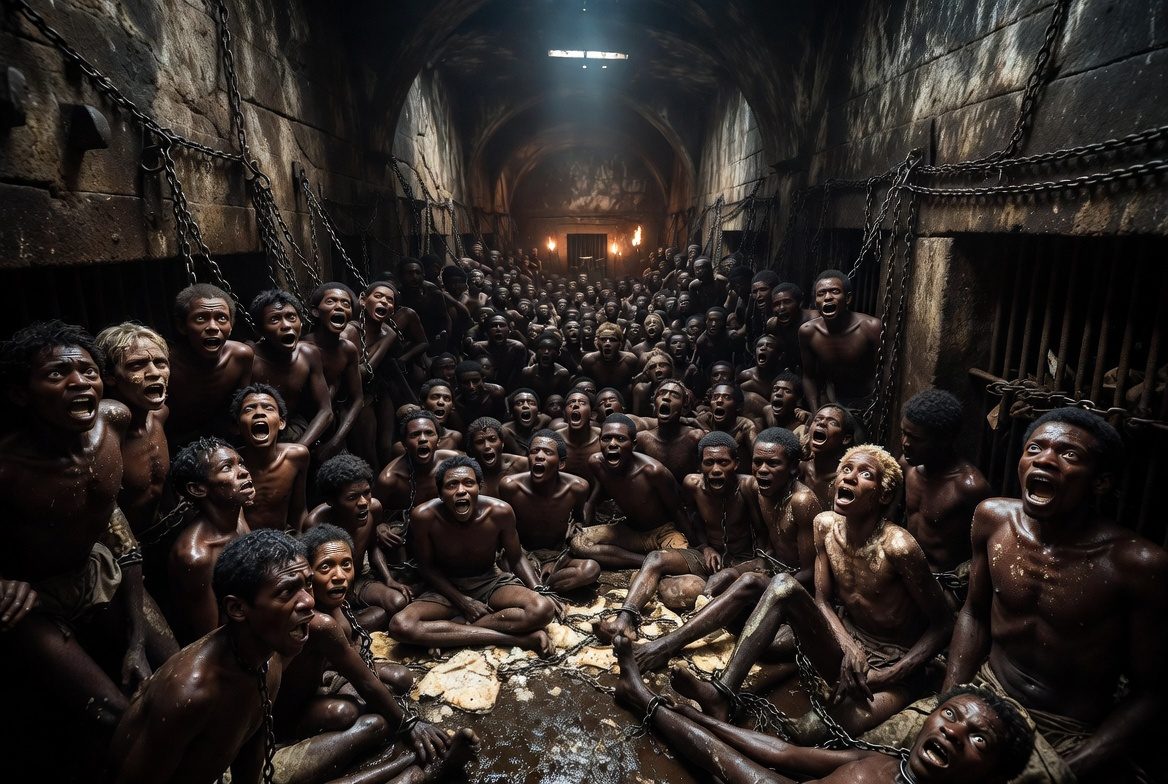 Chained African captives crammed into a dark stone dungeon beneath a coastal slave fort, crying out in anguish, depicting the subterranean holding cells where people were imprisoned before the Middle Passage.