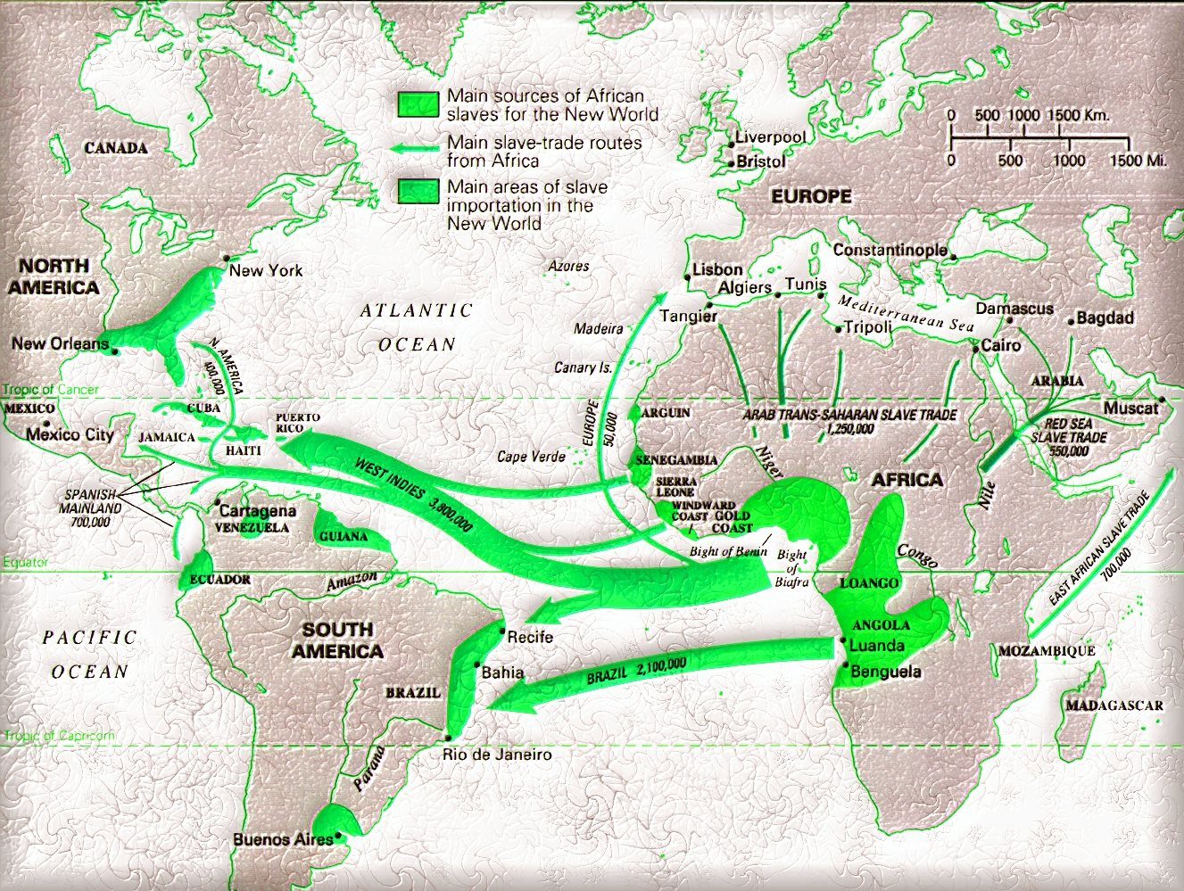 Map showing main sources of enslaved Africans and slave-trade routes with volume estimates for each region