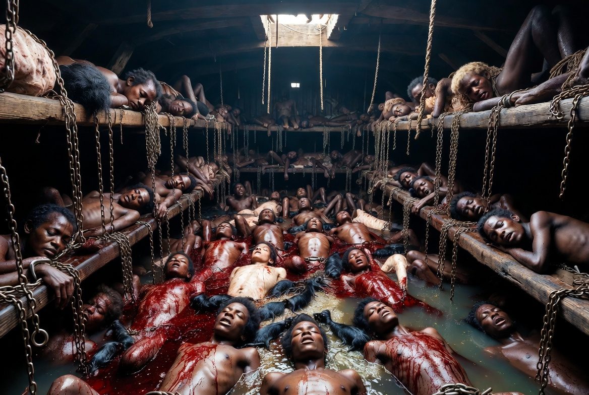 Enslaved Africans stacked on wooden shelves inside a slave ship hold, men, women, and children crammed into tiered platforms with chains and no space to move.