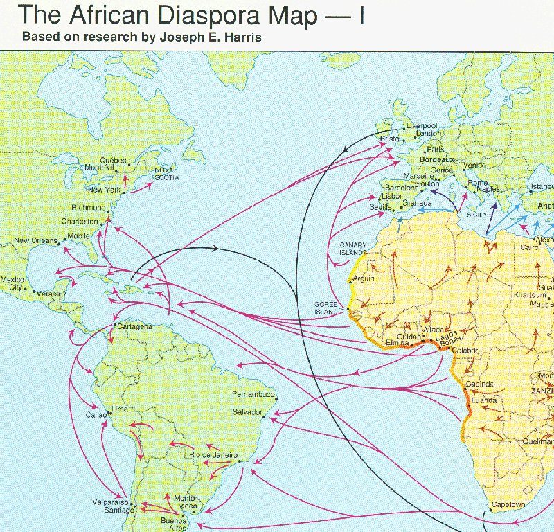 The African Diaspora Map showing westward forced migration routes
