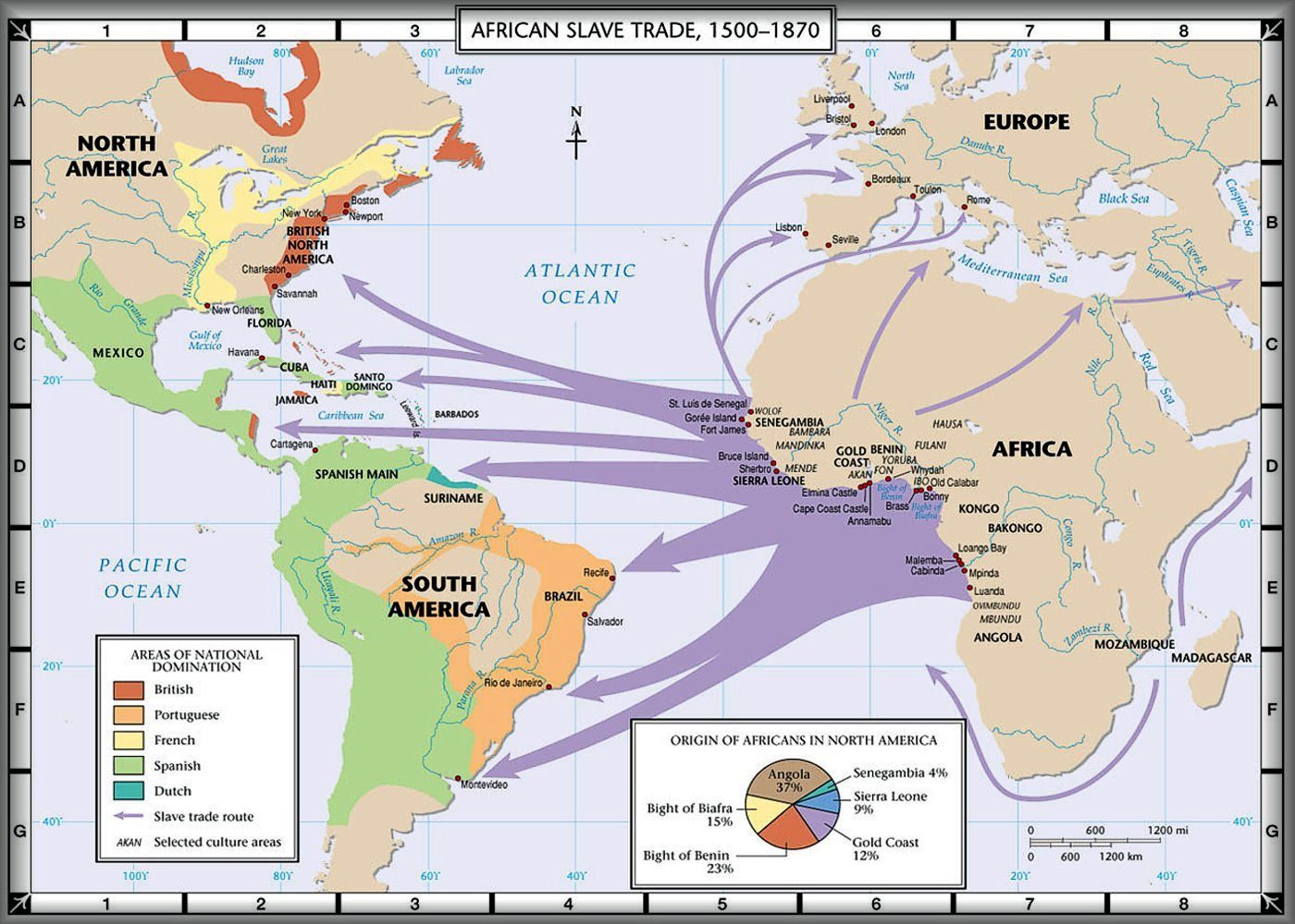 Detailed historical map of the African slave trade from 1500 to 1870, showing areas of national domination