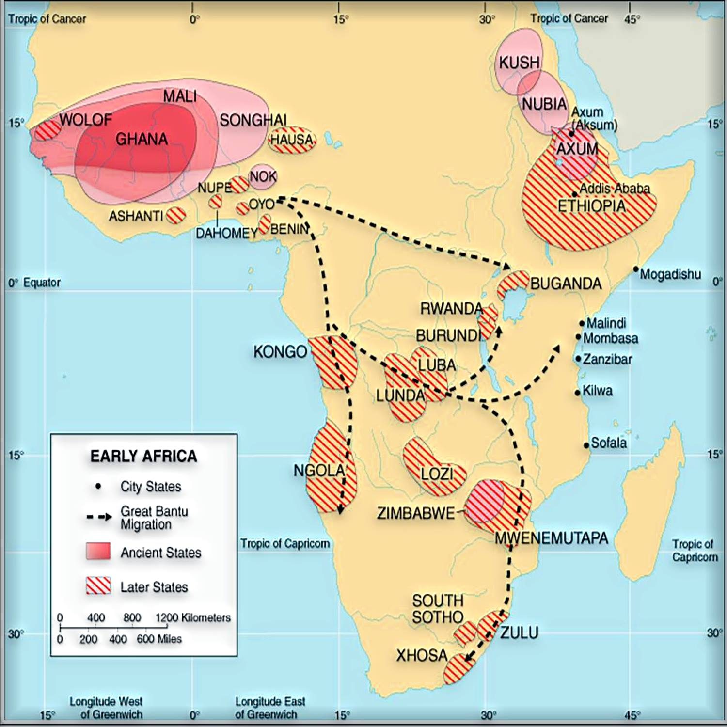 Map of Early Africa showing ancient and later states including Mali, Ghana, Songhai, Kush, Nubia, Axum, Zimbabwe, and the Great Bantu Migration routes