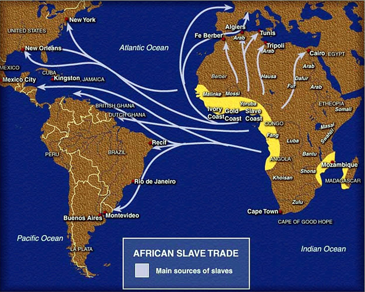 Map showing main African slave trade routes across the Atlantic Ocean