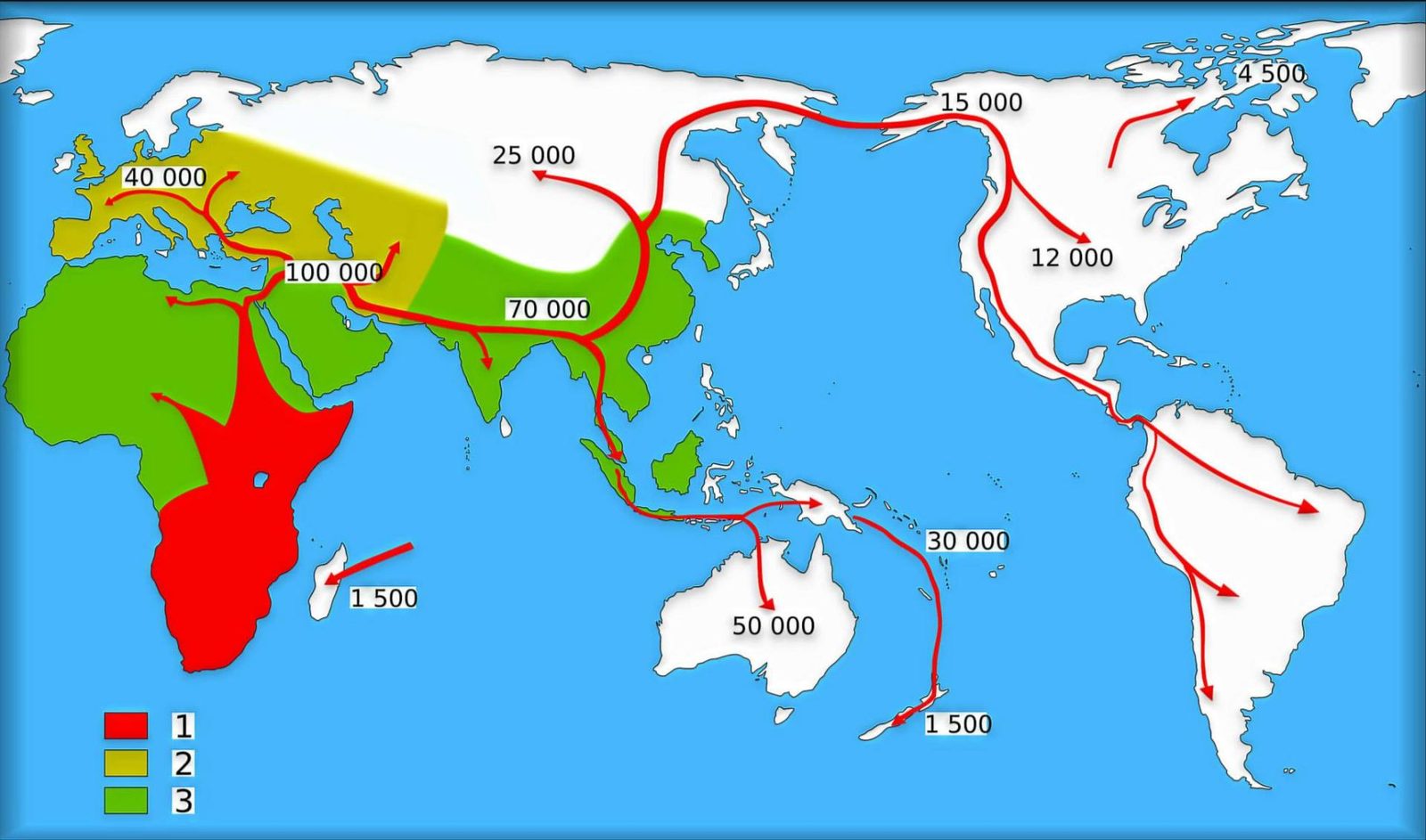 Map showing the Out of Africa migration of humanity, with red arrows tracing migration routes from Africa to every continent with dates in years before present.