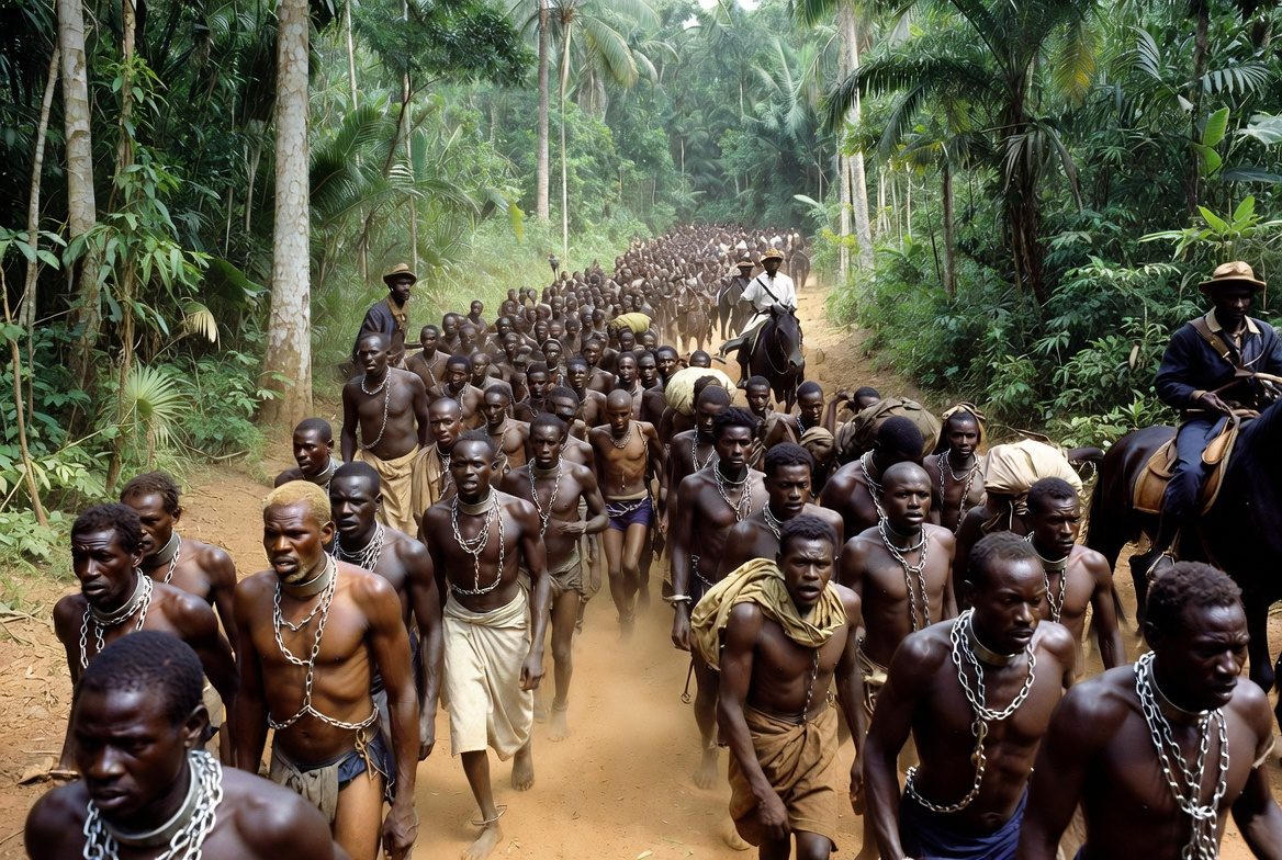 Chained African captives marched through dense jungle on a dirt path, guarded by armed slave traders on horseback, depicting the coffle system used to transport millions to coastal slave forts.