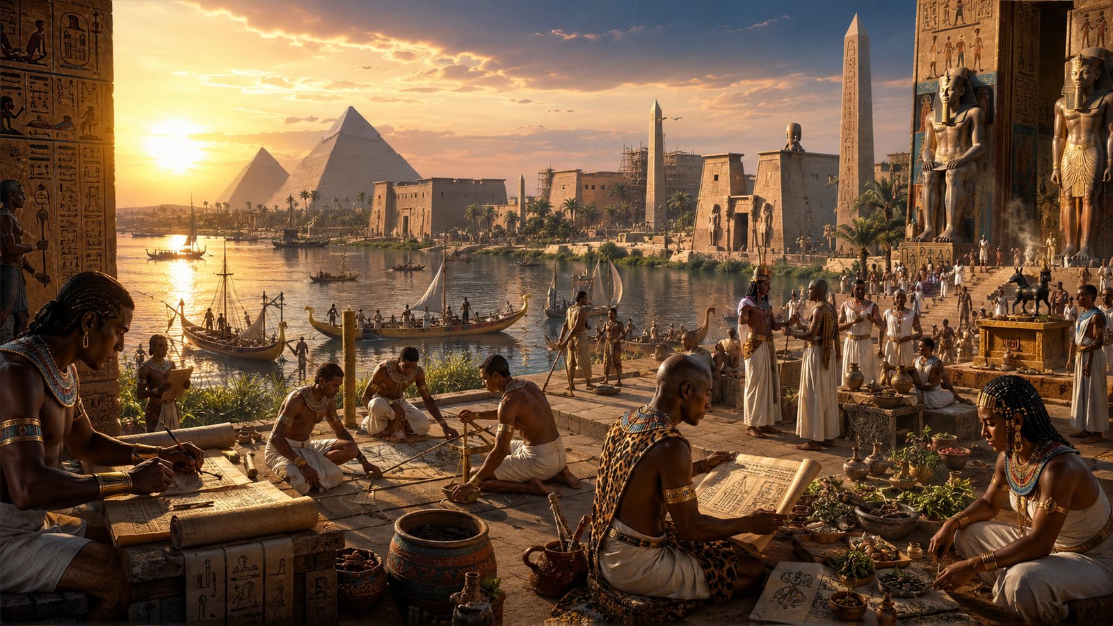 Sunset over the Nile: Kemetic scribes, artisans, and priests at work before the pyramids, obelisks, and temple statuary of ancient Egypt.