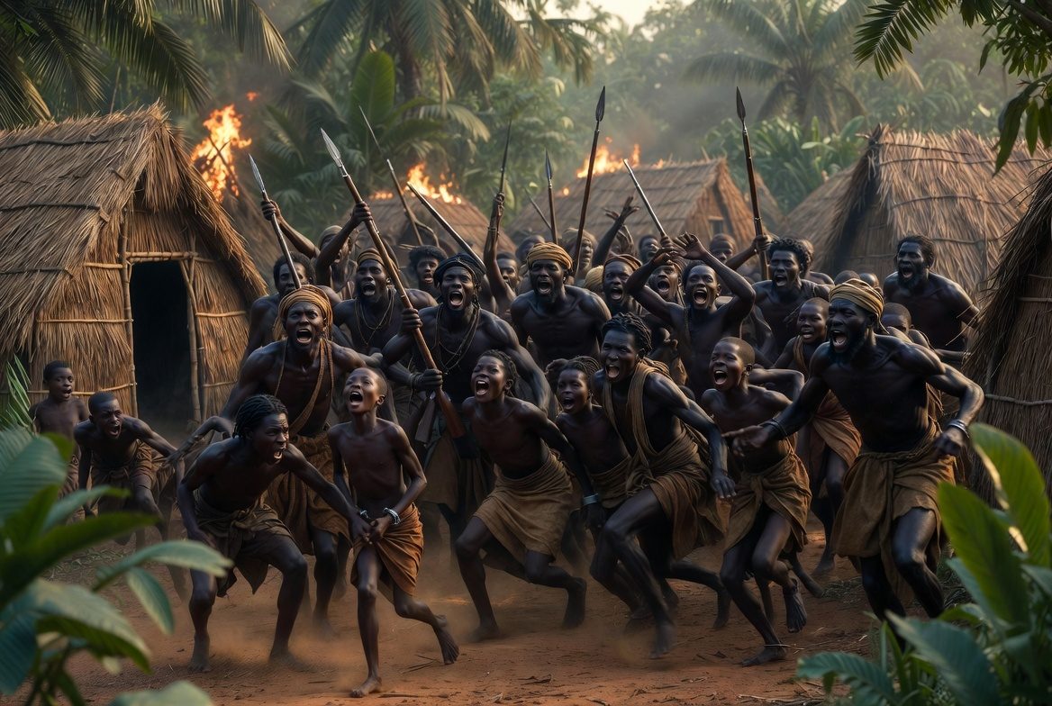 Depiction of captured Africans fleeing a burning village during a slave raid, men, women, and children driven from their homes at spearpoint in the opening act of the Maafa.