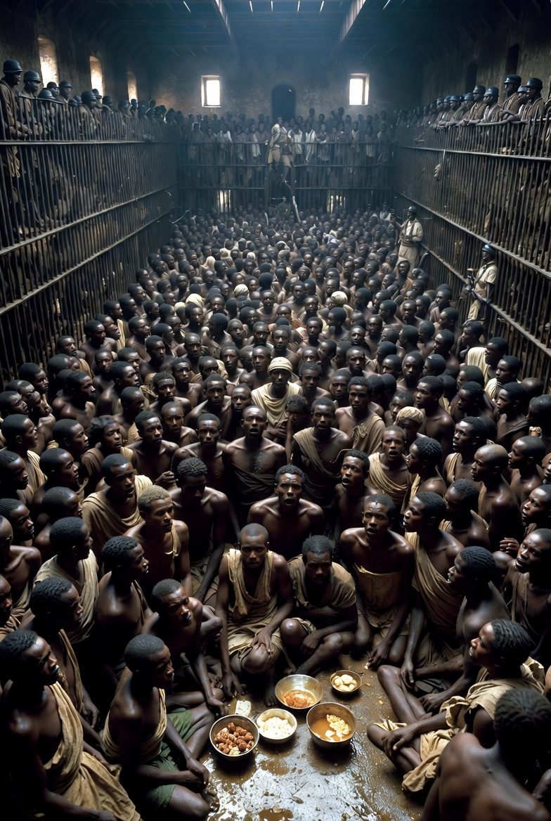 Hundreds of African captives packed into a barracoon, a coastal holding pen, awaiting inspection and sale to European slave ship captains. Guards watch from elevated platforms.